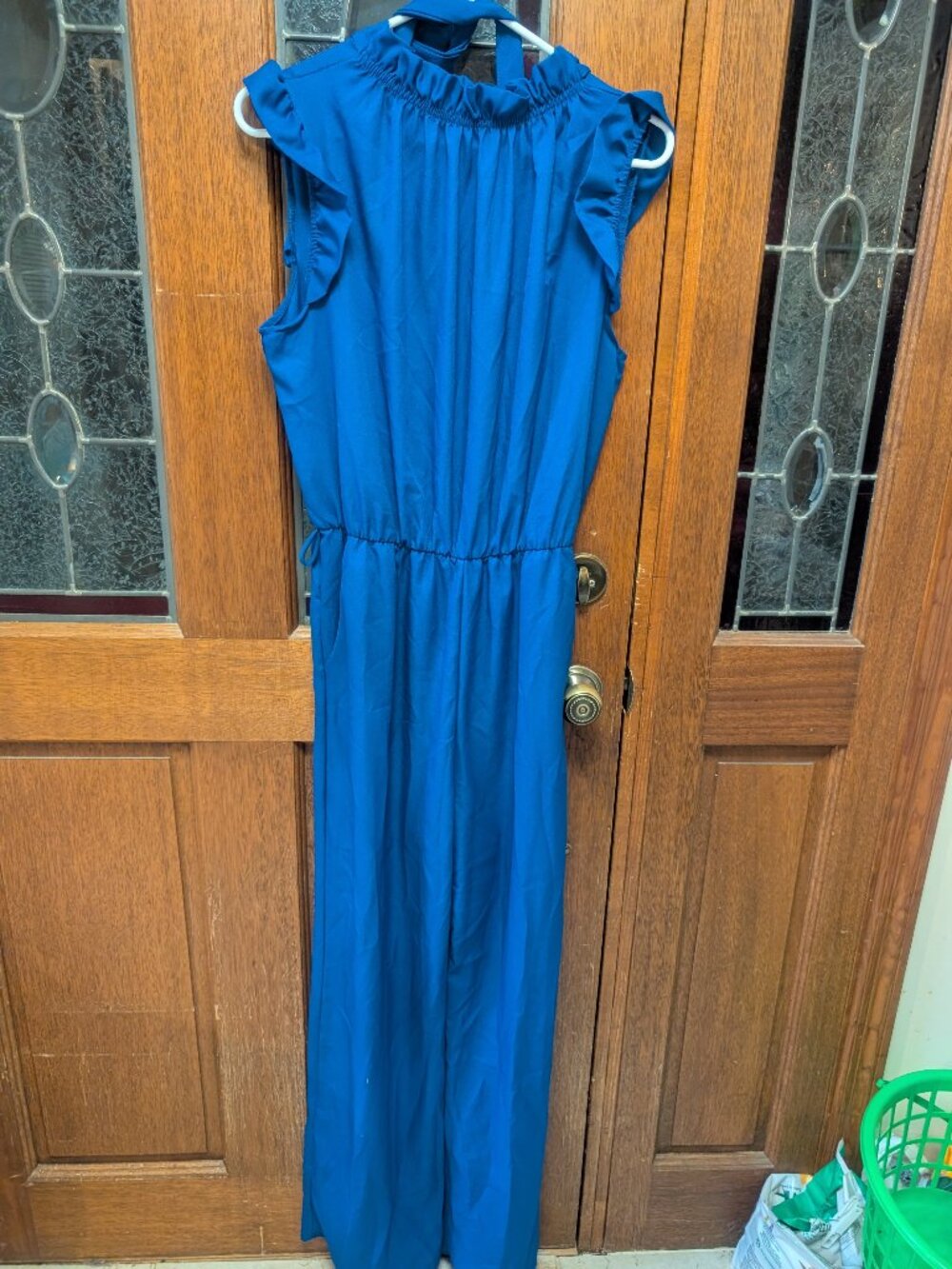 Womens Blue Ruffle Jumpsuit, size Small